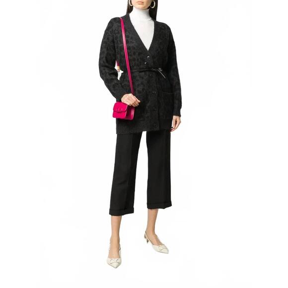 VALENTINO Sweaters - NEW VALENTINO leopard pattern belted v neck cardigan in dark melange grey/black